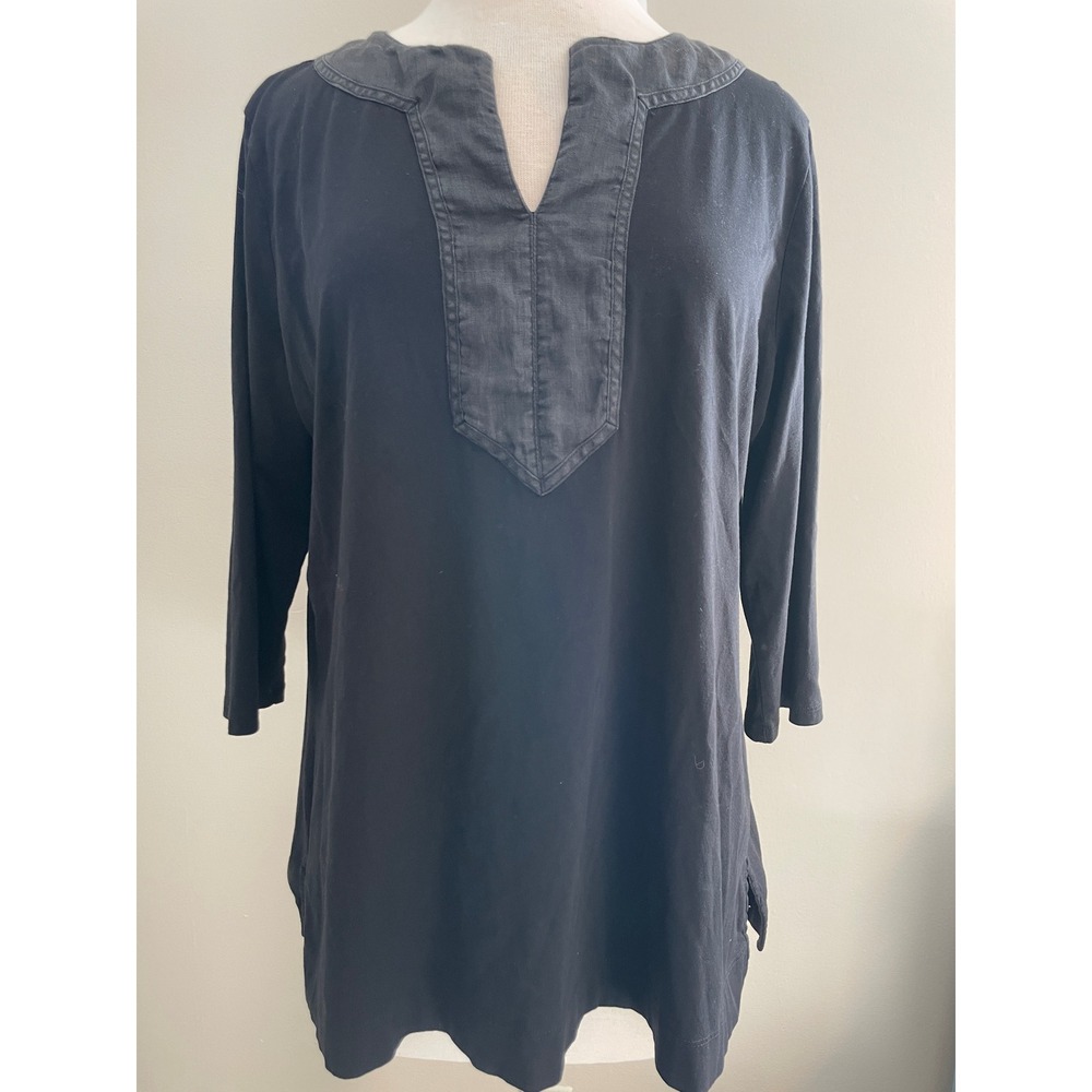 Lauren Ralph Lauren Black Split Neck Tunic Top 1X 3/4 Sleeve Cotton Lagenlook